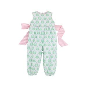The Beaufort Bonnet Company Green Floral Sleeveless Romper with Pink Striped Bow